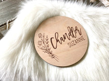 Load image into Gallery viewer, Chandler Laser Engraved Birth Announcement - Baby Name Announcement - Wooden Circle Sign - Floral Girl - Thick Premium Wood
