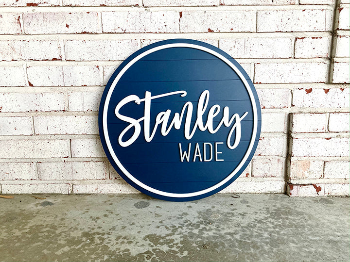 Beau - Navy Shiplap Name Circle With Outline - Layered Wood Nursery Sign
