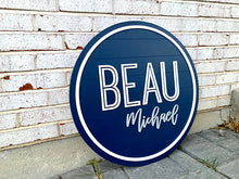 Load image into Gallery viewer, Beau - Navy Shiplap Name Circle With Outline - Layered Wood Nursery Sign