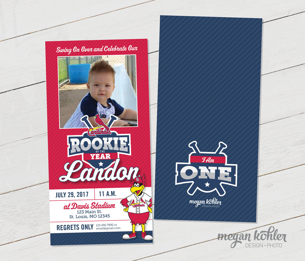 Rookie of the Year Baseball Ticket Photo Invitation - First Birthday - Digital File - Double Sided