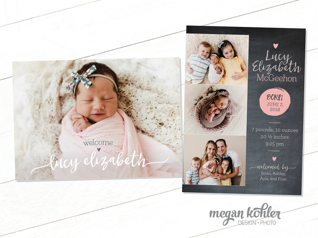 Birth Announcement Modern Script Font - Welcome - 5x7 Printable - Collage - Double Sided - Two Sides