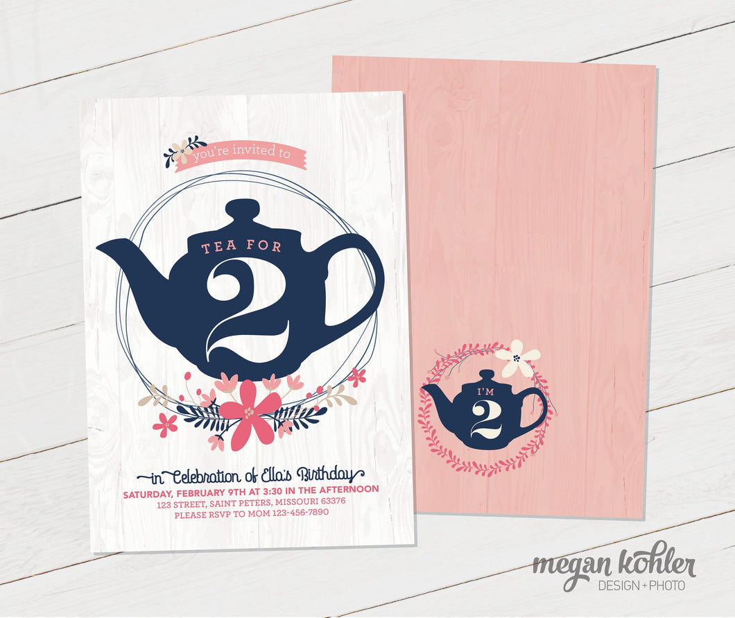 Tea For Two - 2 - Printable Birthday Invitation - Second Birthday Invite - Matching Back Design