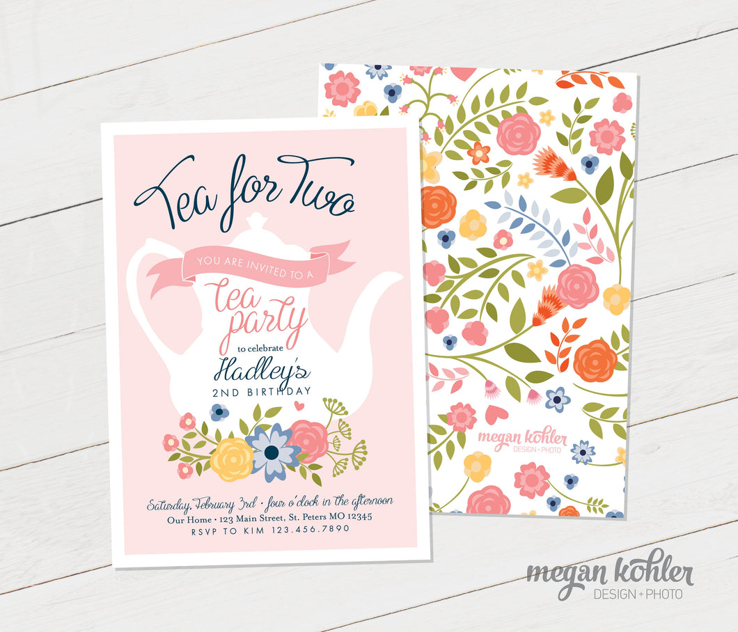 Tea For Two - 2 - Pink Floral Printable Birthday Invitation - Second Birthday Invite - Matching Back Design