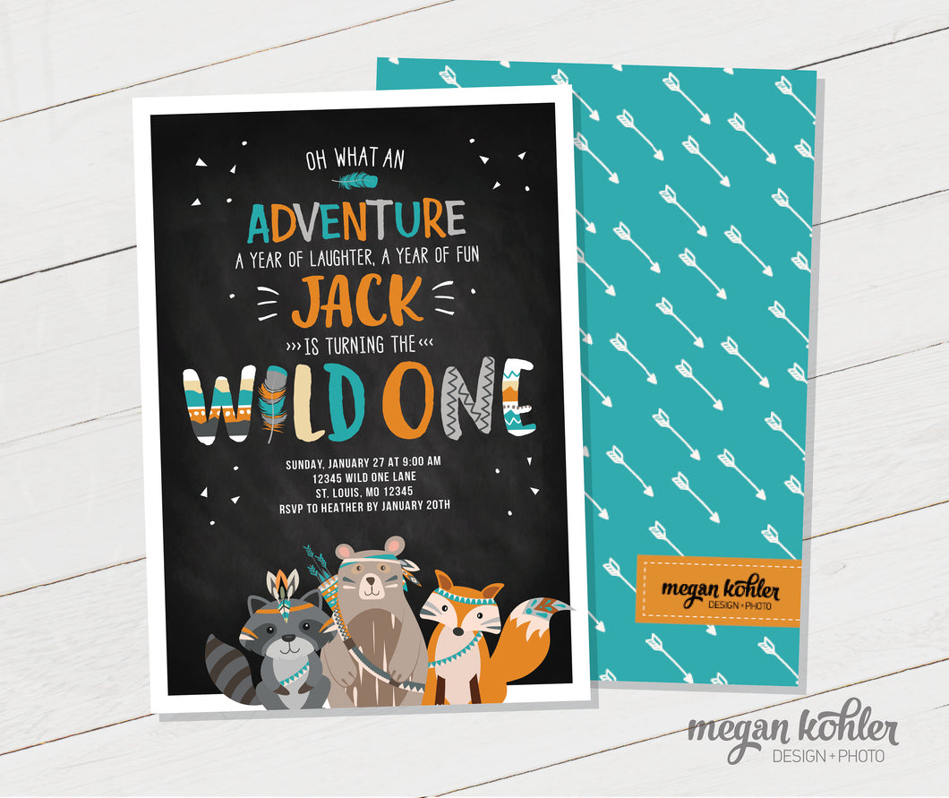 Wild One Tribal Woodland Animals - First Printable Birthday Invitation - Invite - Matching Back Design
