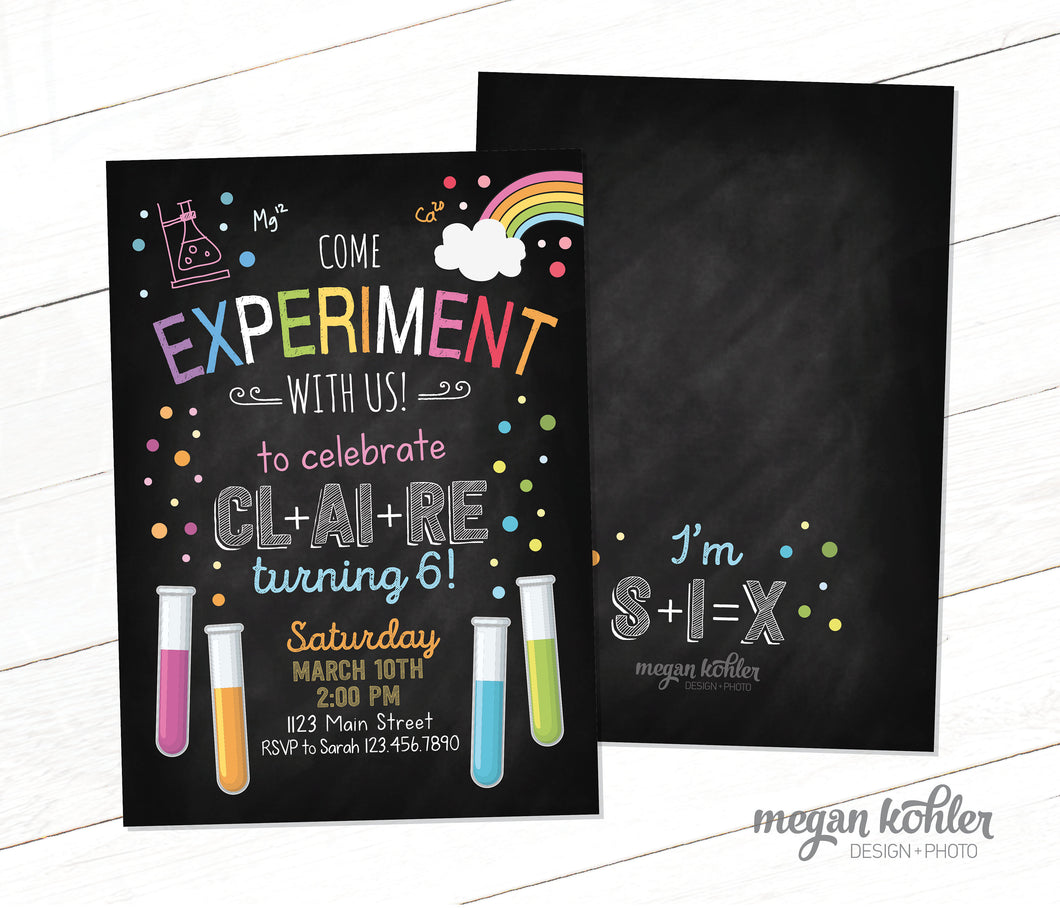 Rainbow Science Experiment - Printable Birthday Invitation - Invite - Matching Back Design