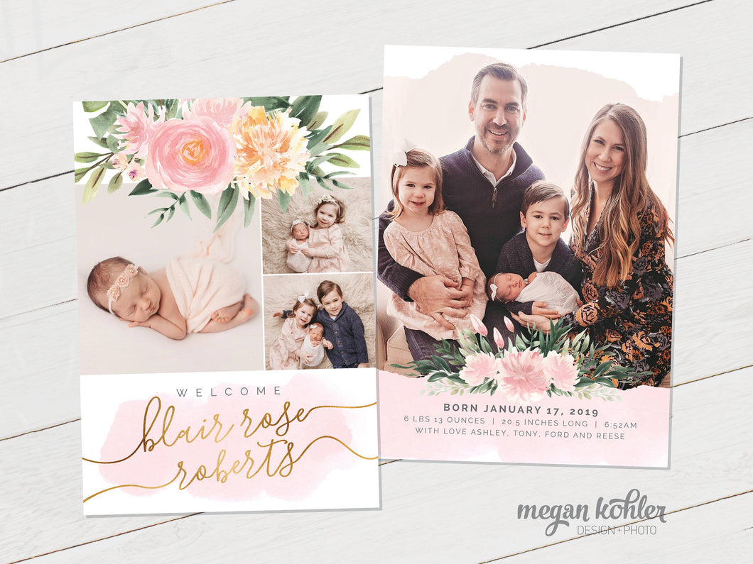 Birth Announcement - Girl - Soft Pinks - Gold - Watercolor Florals - Printable File - Double Sided Design