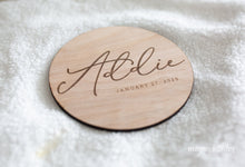 Load image into Gallery viewer, Addie Laser Engraved Birth Announcement - Baby Name Announcement - Wooden Circle Sign