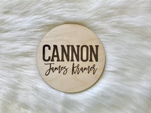 Load image into Gallery viewer, Cannon Laser Engraved Birth Announcement - Baby Name Announcement - Wooden Circle Sign - Boy or Girl
