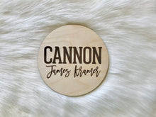 Load image into Gallery viewer, Cannon Laser Engraved Birth Announcement - Baby Name Announcement - Wooden Circle Sign - Boy or Girl