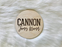 Load image into Gallery viewer, Blaise - Laser Engraved Birth Announcement - Baby Name Announcement - Wooden Circle Sign - Boy or Girl