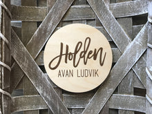Load image into Gallery viewer, Archer Laser Engraved Birth Announcement - Baby Name Announcement - Wooden Circle Sign - Boy or Girl
