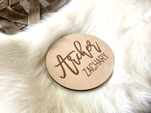 Load image into Gallery viewer, Archer Laser Engraved Birth Announcement - Baby Name Announcement - Wooden Circle Sign - Boy or Girl
