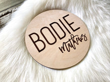 Load image into Gallery viewer, Laser Engraved Birth Announcement - Baby Name Announcement - Wooden Circle Sign - Boy or Girl
