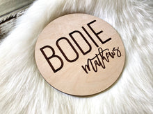 Load image into Gallery viewer, Laser Engraved Birth Announcement - Baby Name Announcement - Wooden Circle Sign - Boy or Girl