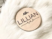 Load image into Gallery viewer, Lillian Laser Engraved Birth Announcement - Baby Name Announcement - Wooden Circle Sign - Floral Girl - Thick Premium Wood
