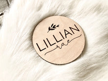 Load image into Gallery viewer, Lillian Laser Engraved Birth Announcement - Baby Name Announcement - Wooden Circle Sign - Floral Girl - Thick Premium Wood