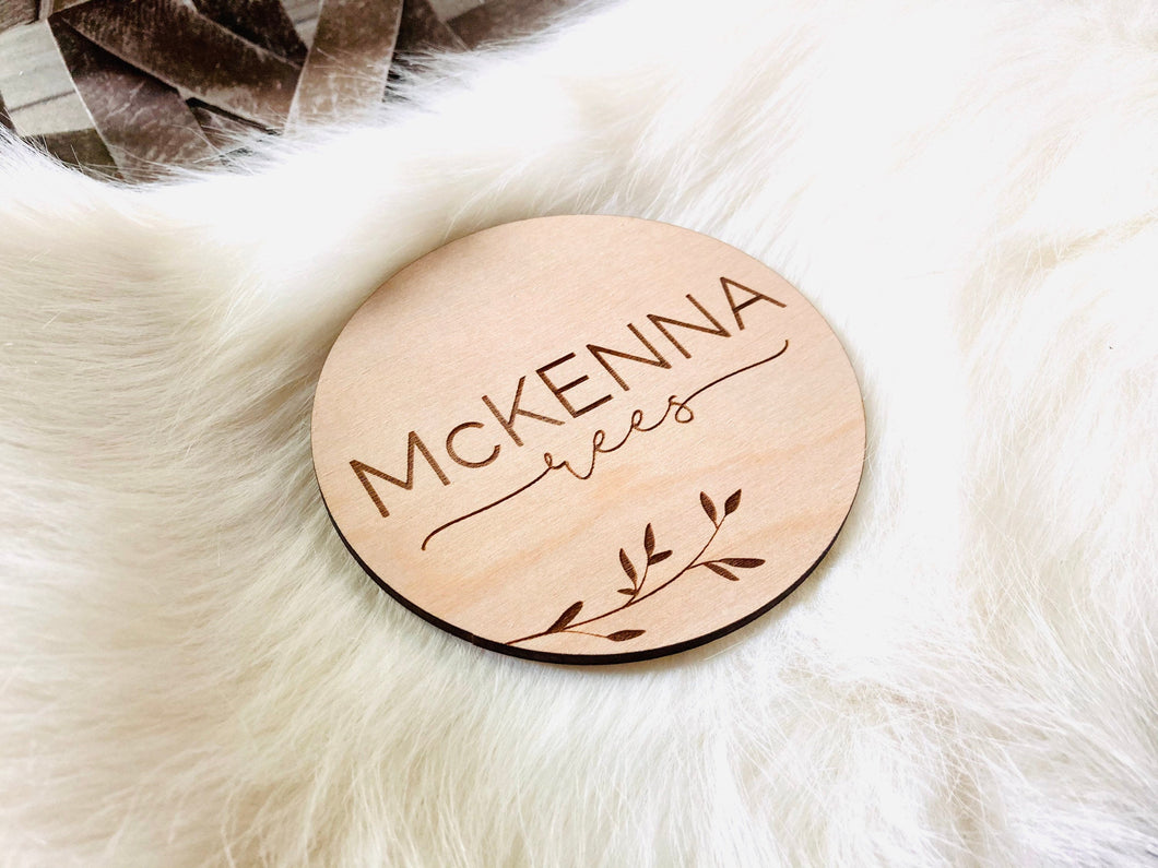 McKenna Laser Engraved Birth Announcement - Baby Name Announcement - Wooden Circle Sign - Floral Girl - Thick Premium Wood