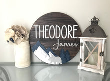 Load image into Gallery viewer, Shiplap Mountain Name Circle - Layered Wood Nursery Sign
