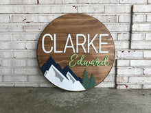 Load image into Gallery viewer, Shiplap Mountain Name Circle - Layered Wood Nursery Sign
