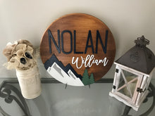 Load image into Gallery viewer, Shiplap Mountain Name Circle - Layered Wood Nursery Sign
