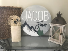 Load image into Gallery viewer, Shiplap Mountain Name Circle - Layered Wood Nursery Sign
