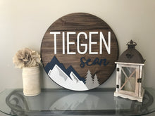 Load image into Gallery viewer, Shiplap Mountain Name Circle - Layered Wood Nursery Sign
