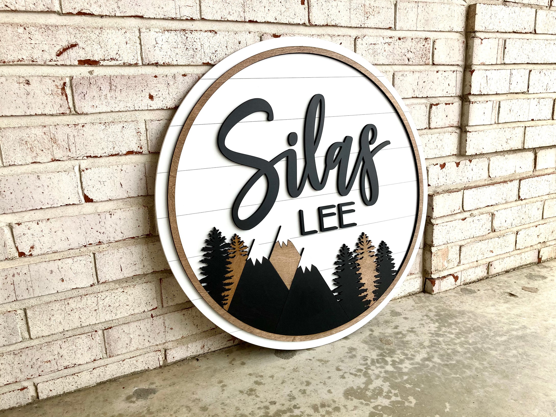 Shiplap Mountain Name Circle - Layered Wood Nursery Sign