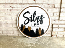 Load image into Gallery viewer, Shiplap Mountain Name Circle - Layered Wood Nursery Sign
