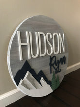 Load image into Gallery viewer, Shiplap Mountain Name Circle - Layered Wood Nursery Sign
