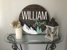 Load image into Gallery viewer, Shiplap Mountain Name Circle - Layered Wood Nursery Sign
