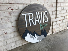 Load image into Gallery viewer, Shiplap Mountain Name Circle - Layered Wood Nursery Sign
