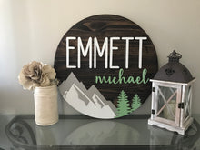 Load image into Gallery viewer, Shiplap Mountain Name Circle - Layered Wood Nursery Sign
