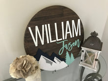 Load image into Gallery viewer, Shiplap Mountain Name Circle - Layered Wood Nursery Sign
