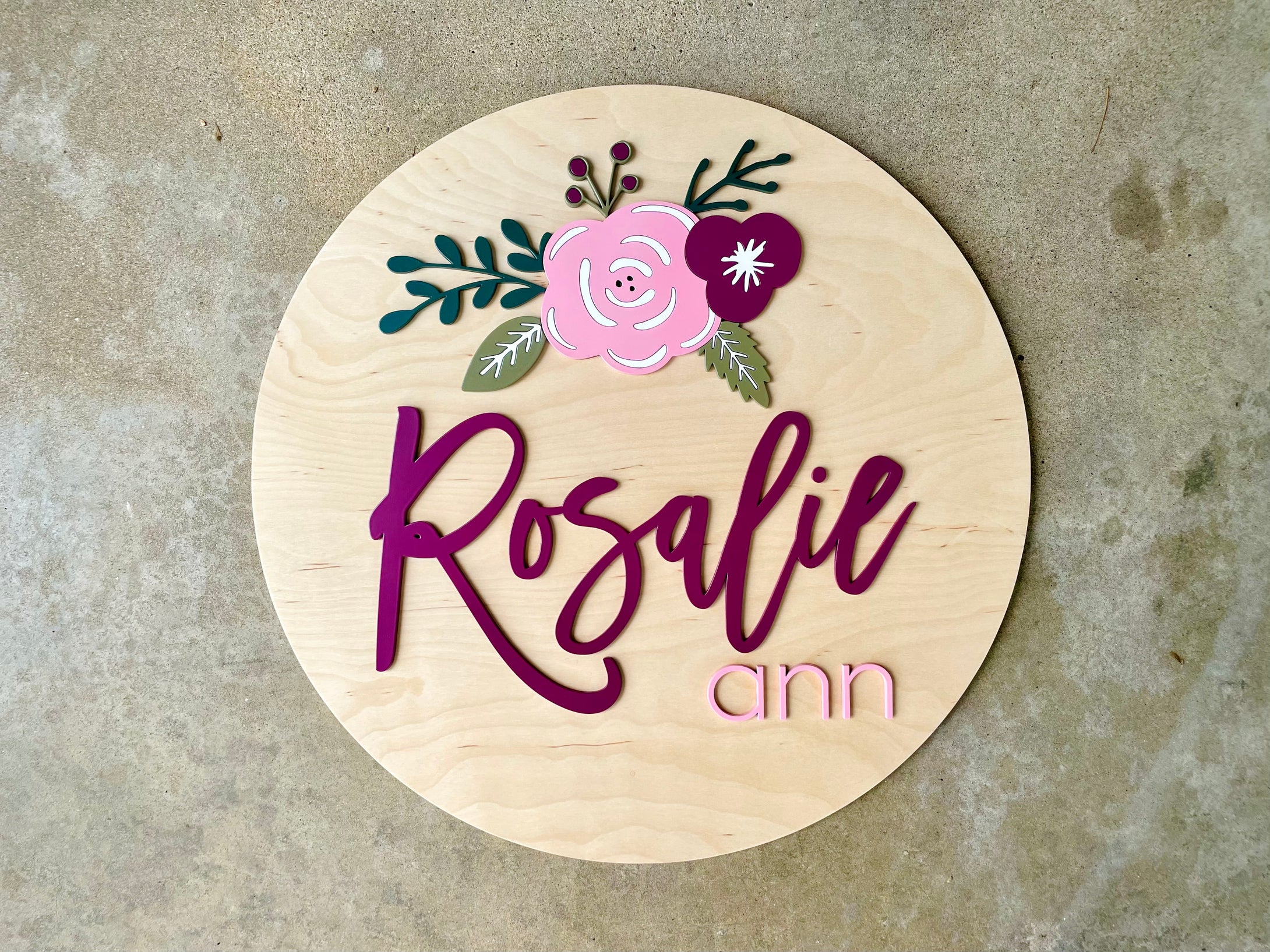 Rosalie Modern Floral Name Circle - Layered Wood Nursery Sign