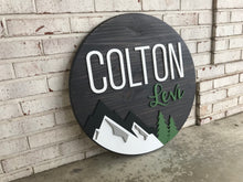 Load image into Gallery viewer, Shiplap Mountain Name Circle - Layered Wood Nursery Sign
