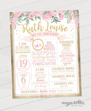 Load image into Gallery viewer, Pink Floral and Gold Glitter White Milestone Poster Digital File 16x20 - First Birthday - Second Birthday
