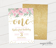 Load image into Gallery viewer, Pink Floral and Gold Glitter White Milestone Poster Digital File 16x20 - First Birthday - Second Birthday
