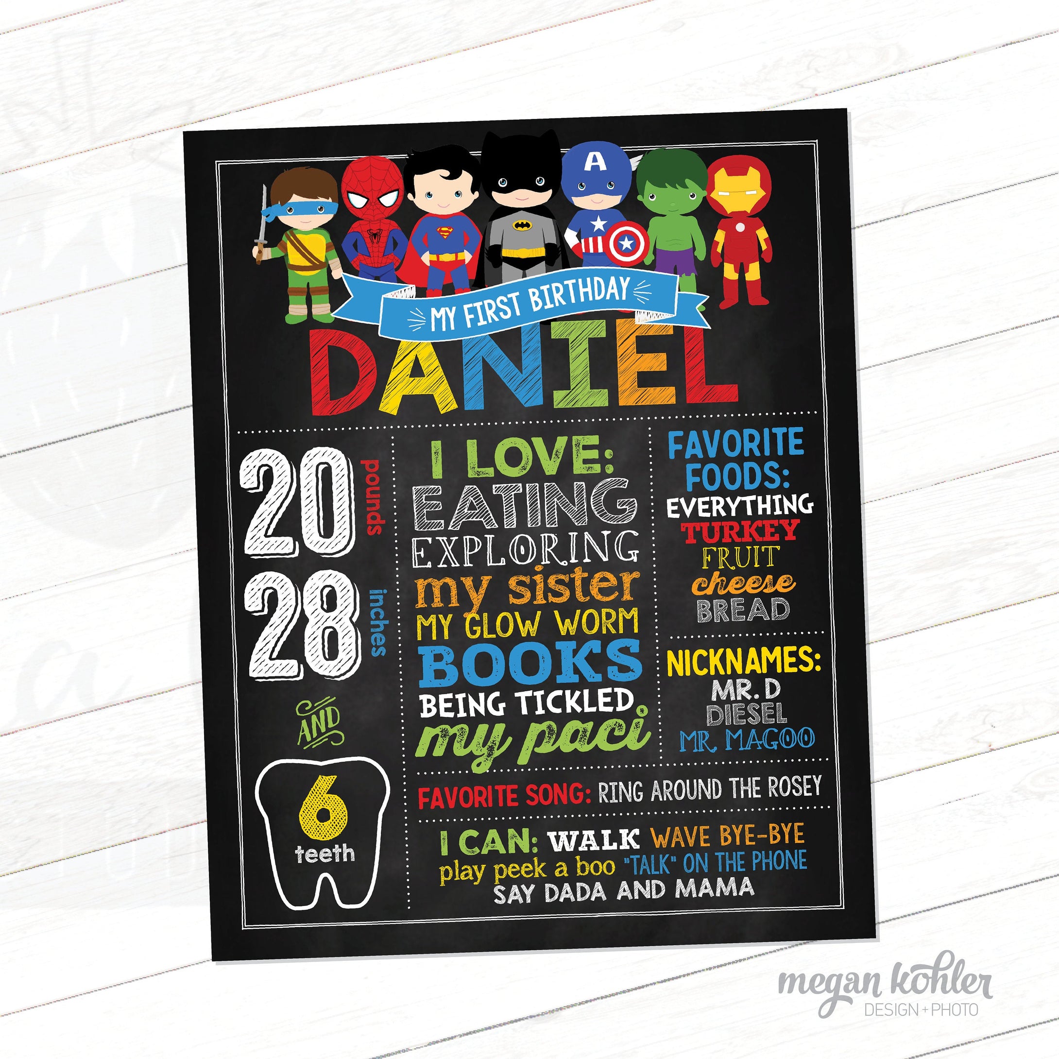 Superhero Chalkboard Poster - First Birthday - 16x20 Printable File