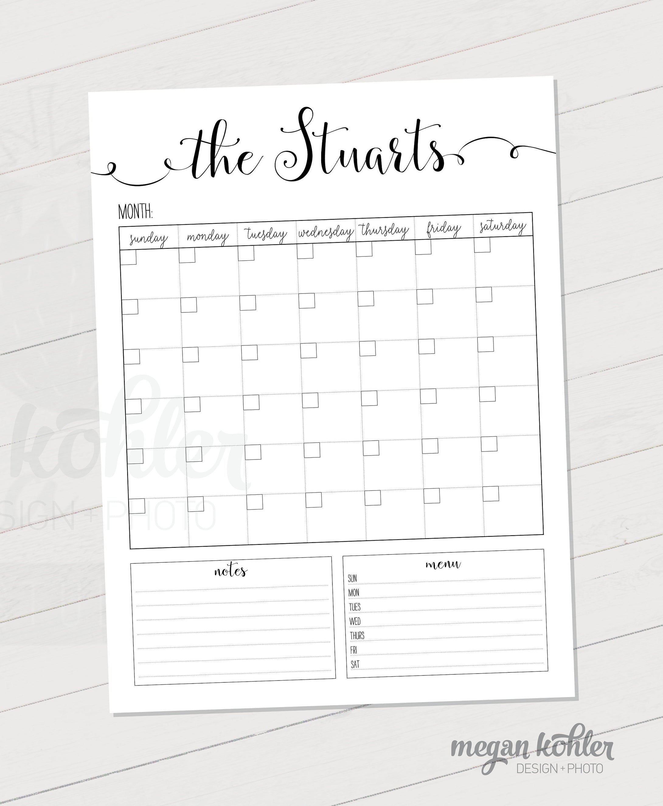 Personalized Family Calendar Printable File - 18x24 Digital File Poster 18x24 or 16x20