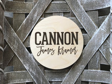 Load image into Gallery viewer, Cannon Laser Engraved Birth Announcement - Baby Name Announcement - Wooden Circle Sign - Boy or Girl
