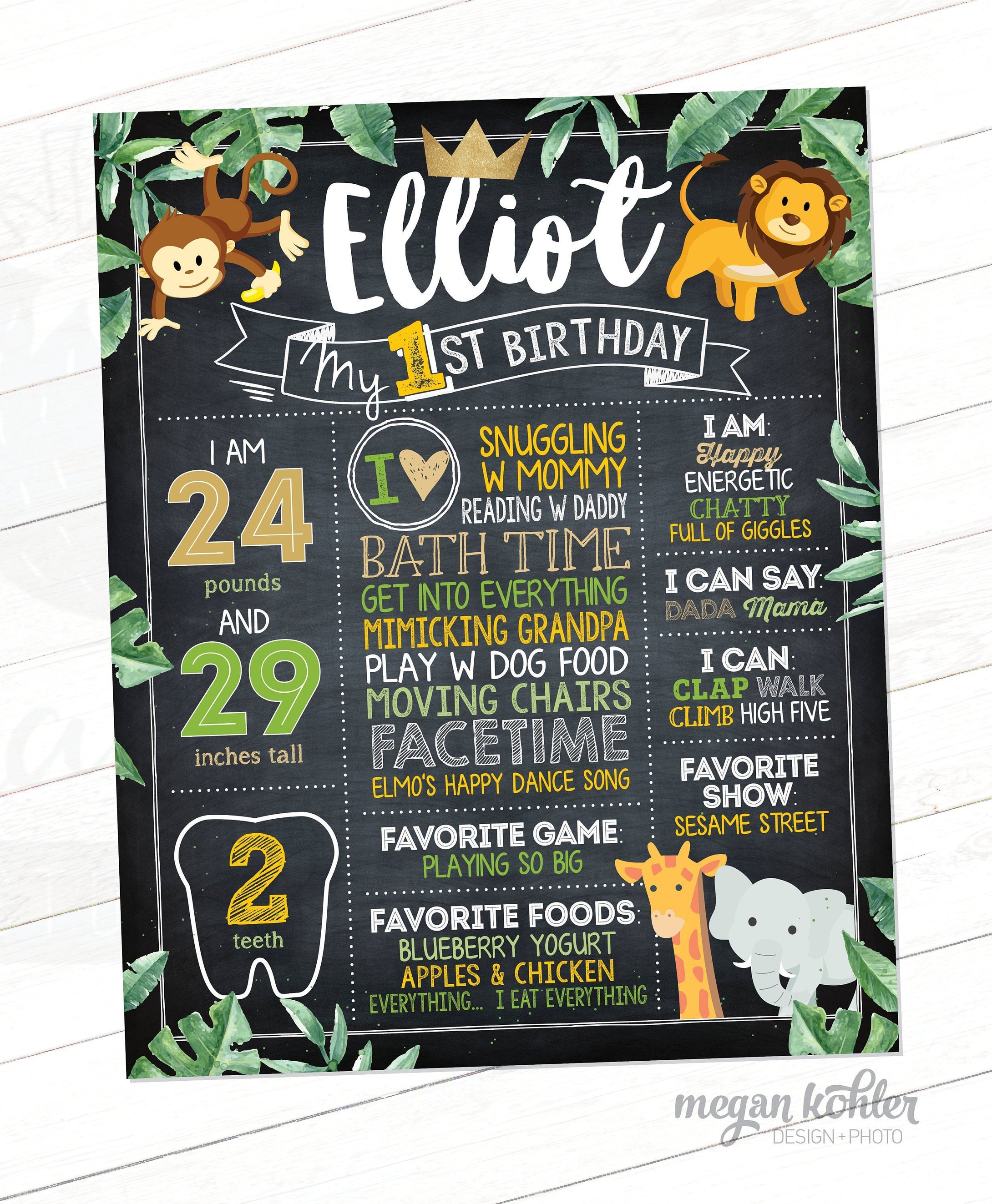 Wild One Jungle Safari Chalkboard Poster - Baby One Year - Milestone Birthday Board - Printable File 16x20