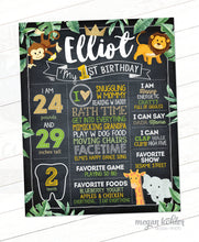 Load image into Gallery viewer, Wild One Jungle Safari Chalkboard Poster - Baby One Year - Milestone Birthday Board - Printable File 16x20
